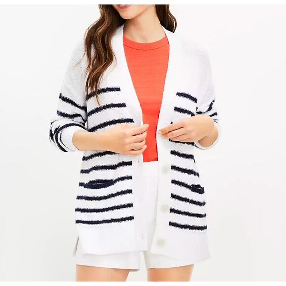New LOFT S White Navy Blue Striped V Neck Pocket Long Cardigan Sweater Cotton - Picture 11 of 12